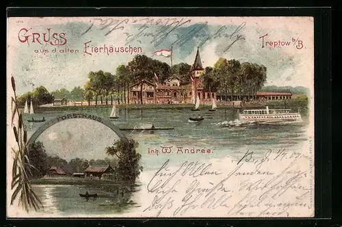 Lithographie Treptow, Gasthaus Altes Eierhäuschen, Forsthaus