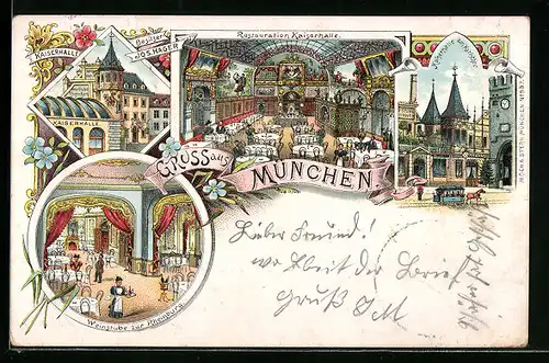 Lithographie München, Gasthaus Kaiserhalle J. Hager mit Weinstube zur Rheinburg und Pferdebahn, Neuhauser Strasse