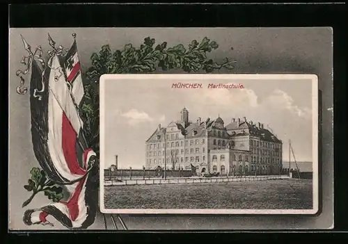 AK München, Martinschule, Fahnen und Eichenzweige, Passepartout