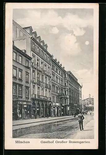 AK München, Gasthof Grosser Rosengarten H. Maier, Bayerstrasse 6, mit Strasse und Passanten