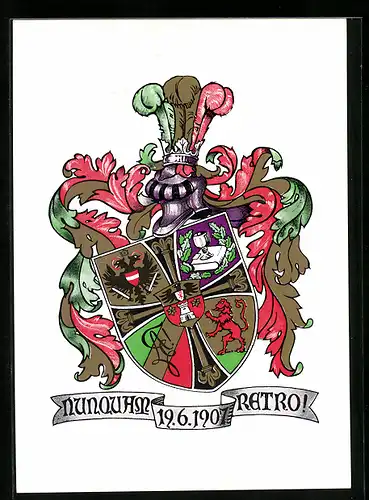 AK K.Ö.H.V. Amelungia, Nunouam Retro!, 19.06.1907, Studentenwappen