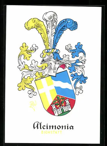 Künstler-AK Eichstätt, K. D. St. V. Alcimonia im CV, Reichenaustr. 2, Studentenwappen