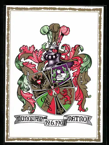 AK K.Ö.H.V. Amelungia, Nunouam Retro!, 19.06.1907, Studentenwappen