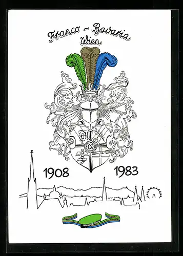 Künstler-AK Wien, Franco-Bavaria 1908-1983, Ritterhelm und Studentenwappen