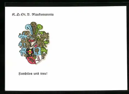 AK Würzburg, Studentenwappen der Markomannia, Mergentheimer Strasse 60, Furchtlos und treu