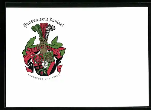Präge-Künstler-AK Hansea sei`s Panier!, Ritterhelm und Studentenwappen