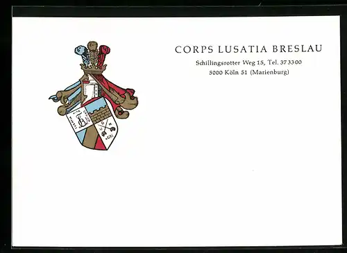 Künstler-AK Köln, Corps Lusatia Breslau, Schillingsrotter Weg 15, Ritterhelm und Studentenwappen