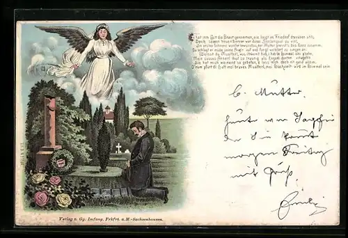 Lithographie Trauernder Mann am Grab einer geliebten Person, Vergänglichkeit, Engel