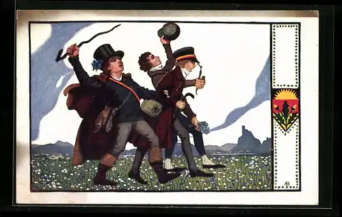 Künstler-AK Deutscher Schulverein Nr. 147: Burschen auf der Wanderung mit gehstock, Pfeife und Blumen