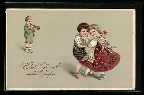 Relief-AK Kinderpaar beim Tanz und Trompeter, Neujahrsgruss