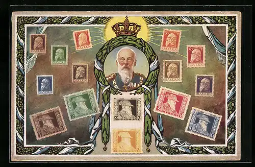 AK Prinzregent Luitpold im Lorbeerkranz mit Krone und Briefmarken