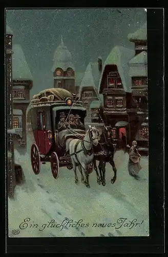 AK Postkutsche fährt durch eine verschneite Stadt