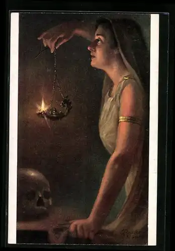 AK Hoffnung, Frau mit einer Lampe und Totenkopf