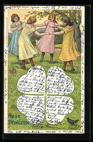 Künstler-AK Fröhliche Pfingsten, Vier junge Mädchen beim Tanz
