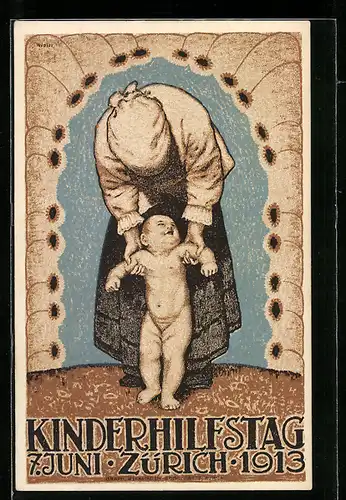 Künstler-AK Zürich, Kinderhilfstag 1913, Mutter mit Kleinkind übt die ersten Schritte, Kinderfürsorge