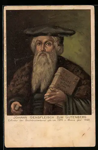 Lithographie Johannes Gensfleisch zum Gutenberg, Erfinder der Buchdruckerkunst, nach Prof. Friedenberg