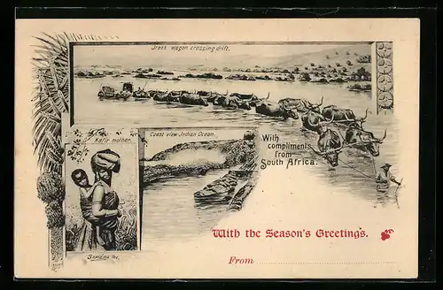 AK South Africa, Kafir mother, Trekk wagon crossing drift, Coast view Indian Ocean