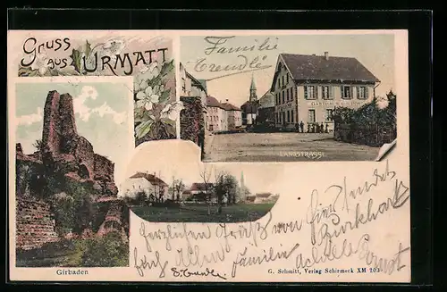 AK Urmatt, Langstrasse mit Gasthaus zur Post, Girbaden