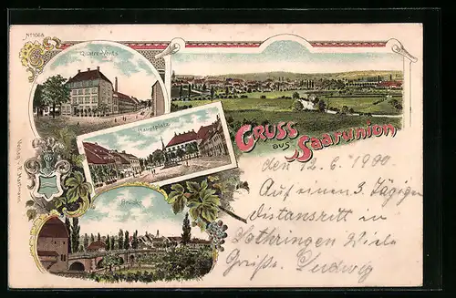 Lithographie Saarunion, Quatre-Vents, Brücke, Hauptplatz, Gesamtansicht