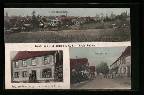 AK Mühlhausen /Kreis Zabern, Spezereihandlung von Georg Schirm, Blick in die Hauptstrasse