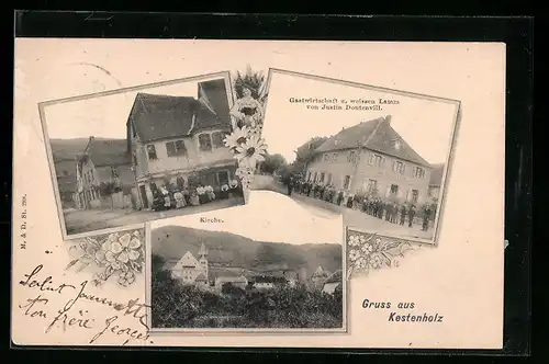 AK Kestenholz, Gasthaus zum weissen Lamm von Justin Dontenvill, Kirche