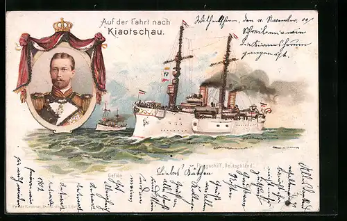 Lithographie Kiaotschau, Kriegsschiffe des Ostasiengeschwaders, Flaggschiff Deutschland und Gefion