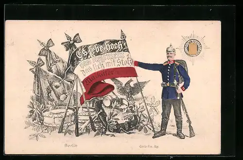 Lithographie Berlin, Garde-Füs.-Rgt., Soldat mit Fahne