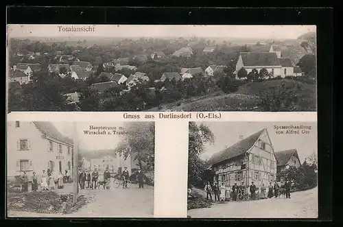 AK Durlinsdorf, Wirtschaft z. Traube, Spezereihandlung v. Alfred Gur, Ortsansicht