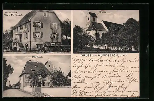 AK Hundsbach, Restauration Wwe. M. Fimbel, Kirche, Pfarrhaus