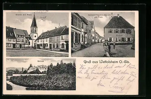AK Wettolsheim O.-Els., Kirche mit Platz, Schloss, Gemeindehaus und Schule mit Platz