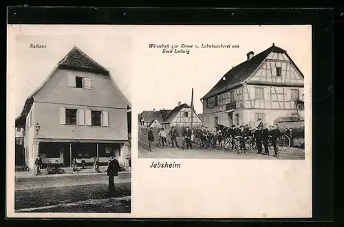 AK Jebsheim, Wirtschaft zur Krone u. Lohnkutscherei von Emil Ludwig, Rathaus