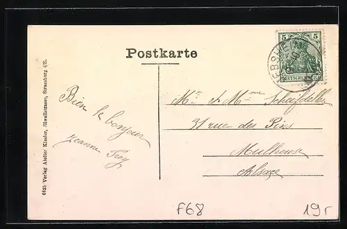 AK Jebsheim, Wirtschaft zur Krone u. Lohnkutscherei von Emil Ludwig, Rathaus