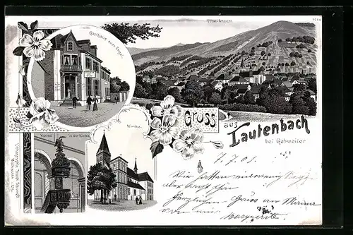 Lithographie Lautenbach, Gasthaus zum Engel, Kirche, Kanzel in der Kirche