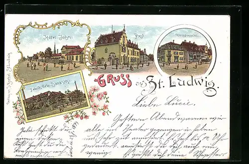 Lithographie St. Ludwig, Hotel John, Fabrik Gebr. Sarasin, Kreuzstrassecke, Post