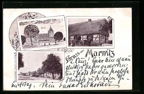 AK Marwitz, Kirche, Dorfstrasse, Posthülfsstelle