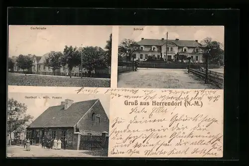 AK Herrendorf i. N.-M., Gasthof v. Wilh. Possin, Dorfstrasse, Schloss