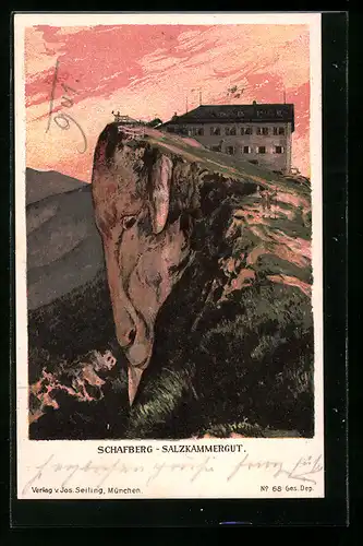 Lithographie Seiling Nr. 68: Haus auf dem Schafberg im Salzkammergut, Berg mit Gesicht / Berggesichter