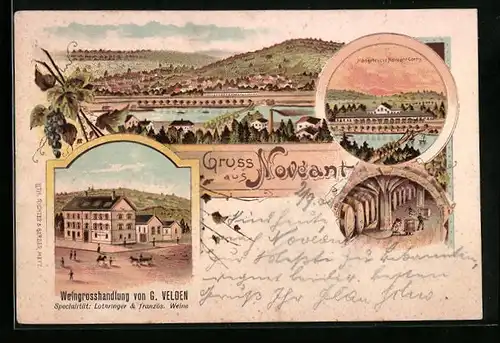 Lithographie Noveant, Weingrosshandlung G. Velden, Hängebrücke