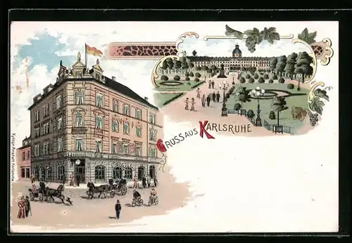 Lithographie Karlsruhe, Schloss-Hotel, Zirkel 33, Ecke Herrenstrasse