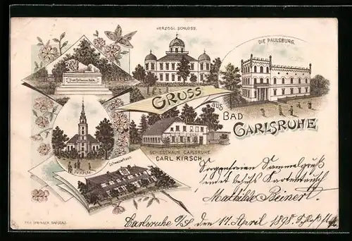 Lithographie Karlsruhe, Herzogl. Schloss, Die Paulsburg, Schweizerhaus, Schiesshaus Cark Kirsch