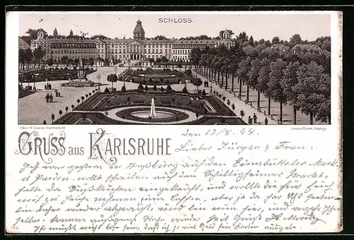 Vorläufer-Lithographie Karlsruhe, Blick zum Schloss 1894