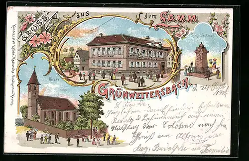 Lithographie Grünwettersbach, Gasthaus zum Lamm, Kirche, Kriegerdenkmal