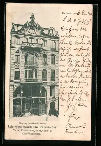 AK Karlsruhe, Eingang zum Geschäftshaus Leipheimer & Mende in der Kaiserstrasse 169, Kleiderstoffe