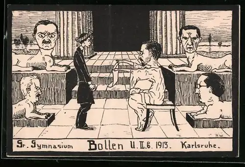 Künstler-AK Karlsruhe, Bollen U II 6, Gr. Gymnasium, Absolvia 1913