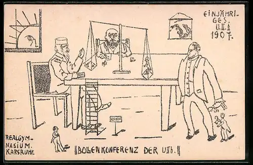 Künstler-AK Karlsruhe, Einjähriges U II 6, Bollenkonferenz, Absolvia 1907