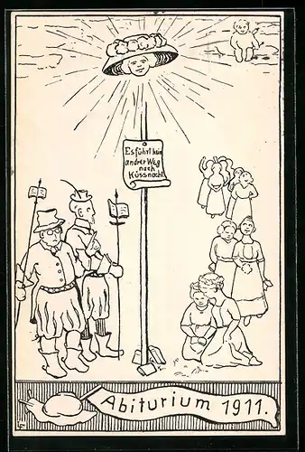 Künstler-AK Karlsruhe, Abiturium 1911, Es führt kein anderer Weg nach Küssnacht