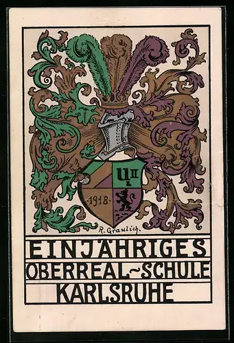 Künstler-AK Karlsruhe, Einjähriges, Oberreal-Schule 1918, Absolvia