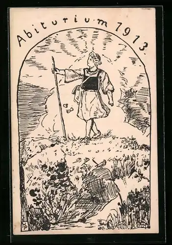 Künstler-AK Karlsruhe, Abiturium 1913, Wanderin