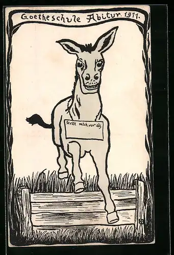 Künstler-AK Karlsruhe, Goetheschule Abitur 1911, Absolvia, Esel stellt sich vor