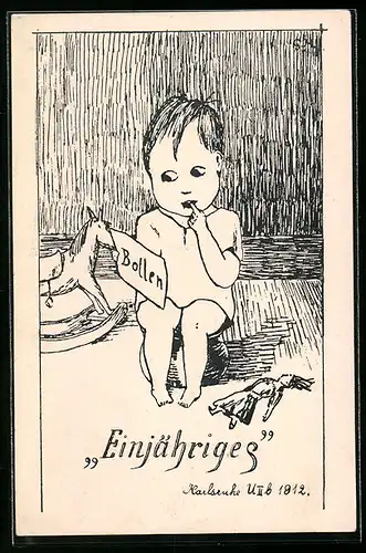 Künstler-AK Karlsruhe, Einjähriges, Kleinkind mit Schild Bollen, U II b, Absolvia 1912